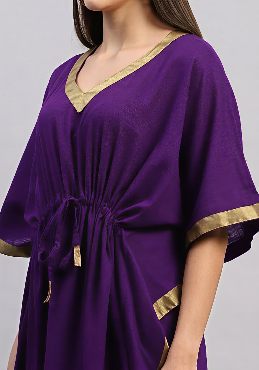 Purple Cotton Kaftan with Gold Tissue Trimmings