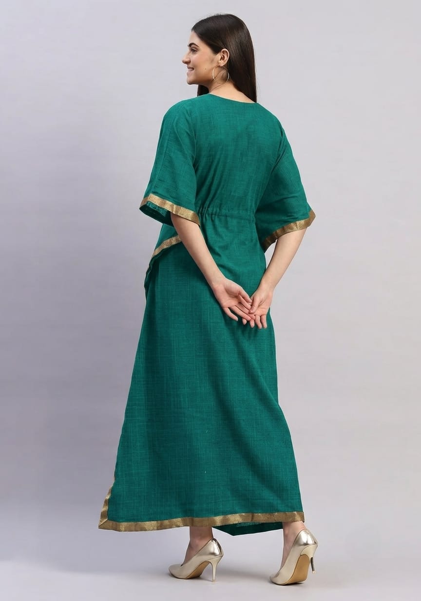 Emerald Green Cotton Kaftan with Gold Tissue Trimmings