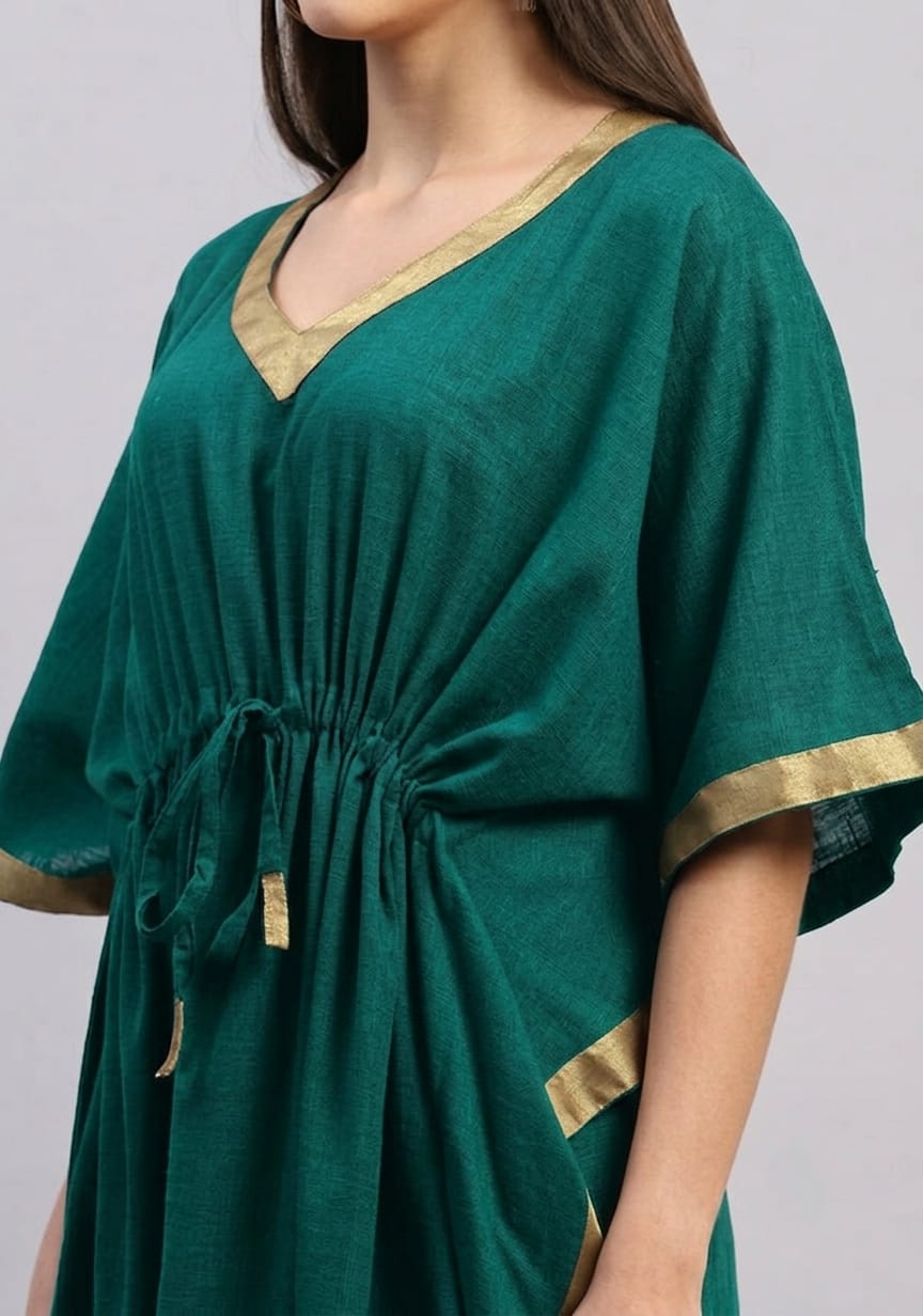 Emerald Green Cotton Kaftan with Gold Tissue Trimmings