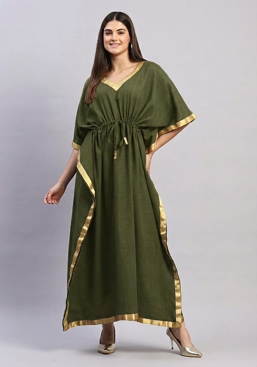Military Green Cotton Kaftan with Gold Tissue Trimmings