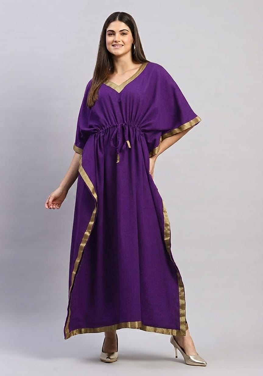 Purple Cotton Kaftan with Gold Tissue Trimmings