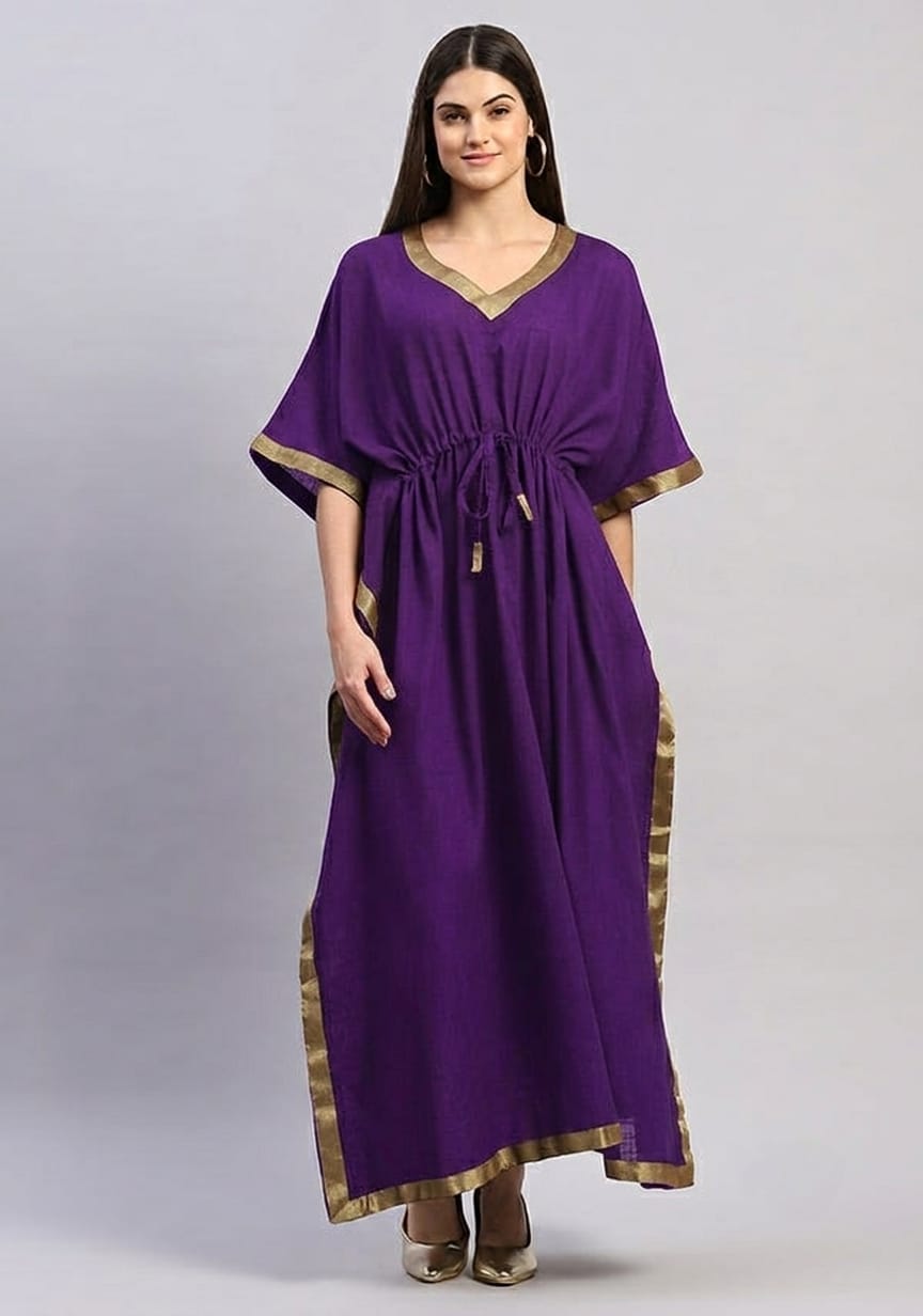 Purple Cotton Kaftan with Gold Tissue Trimmings