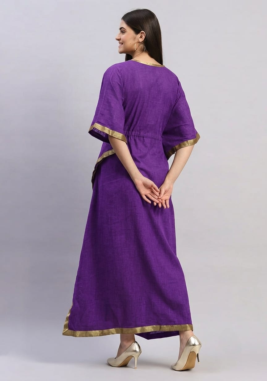 Purple Cotton Kaftan with Gold Tissue Trimmings