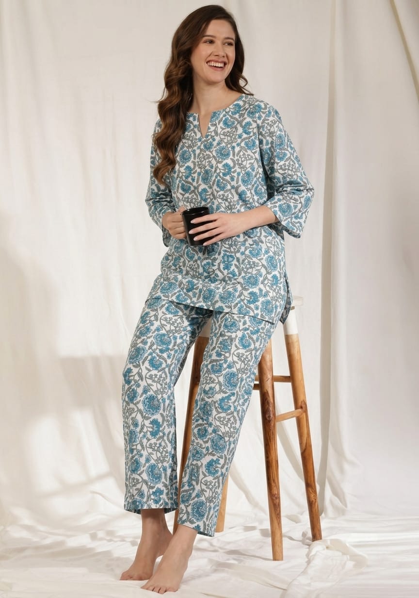 White Blue Floral Printed Cotton Night Suit