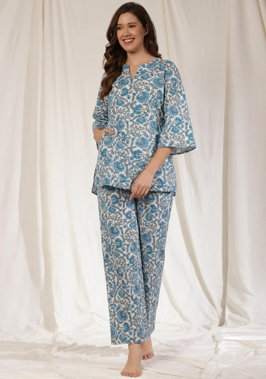 White Blue Floral Printed Cotton Night Suit