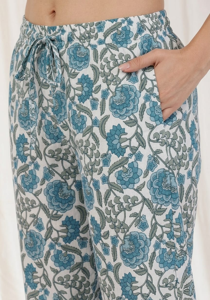 White Blue Floral Printed Cotton Night Suit