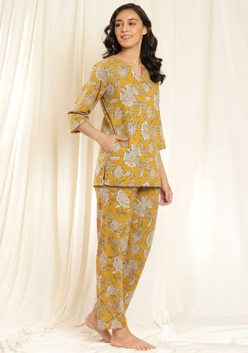 Yellow Beige Floral Printed Cotton Night Suit