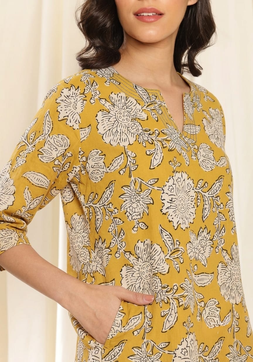 Yellow Beige Floral Printed Cotton Night Suit