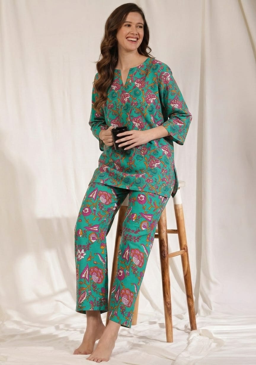 Blue Pink Floral Printed Cotton Night Suit