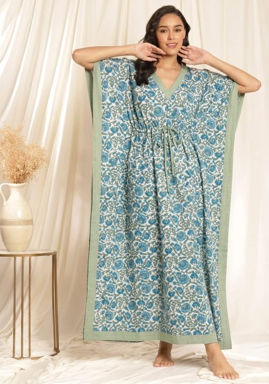 White Blue Floral Printed Tie-Up Waist Cotton Kaftan