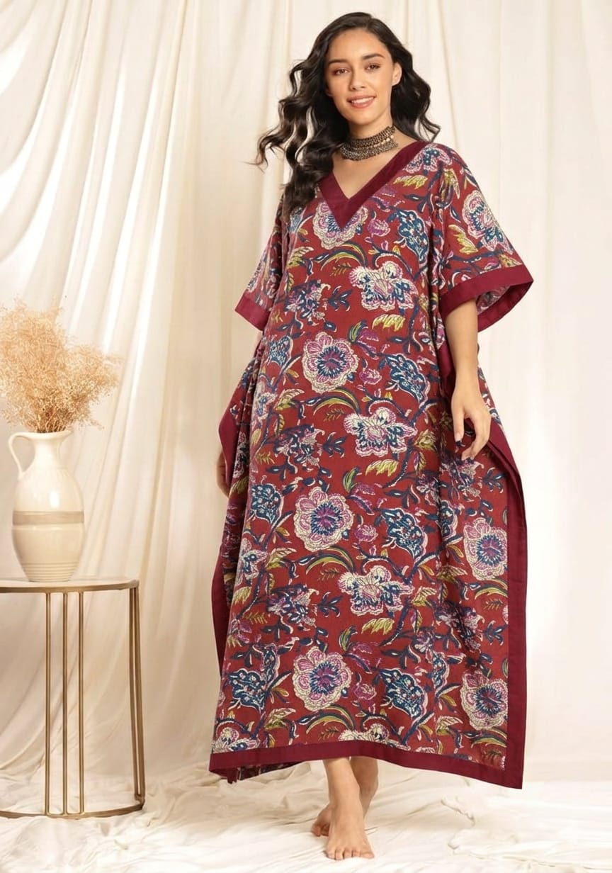 Maroon Floral Printed Tie-Up Waist Cotton Kaftan