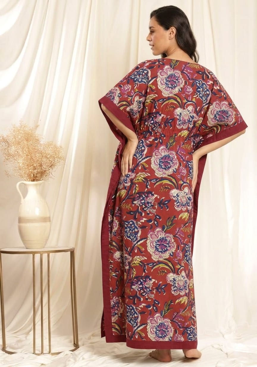 Maroon Floral Printed Tie-Up Waist Cotton Kaftan