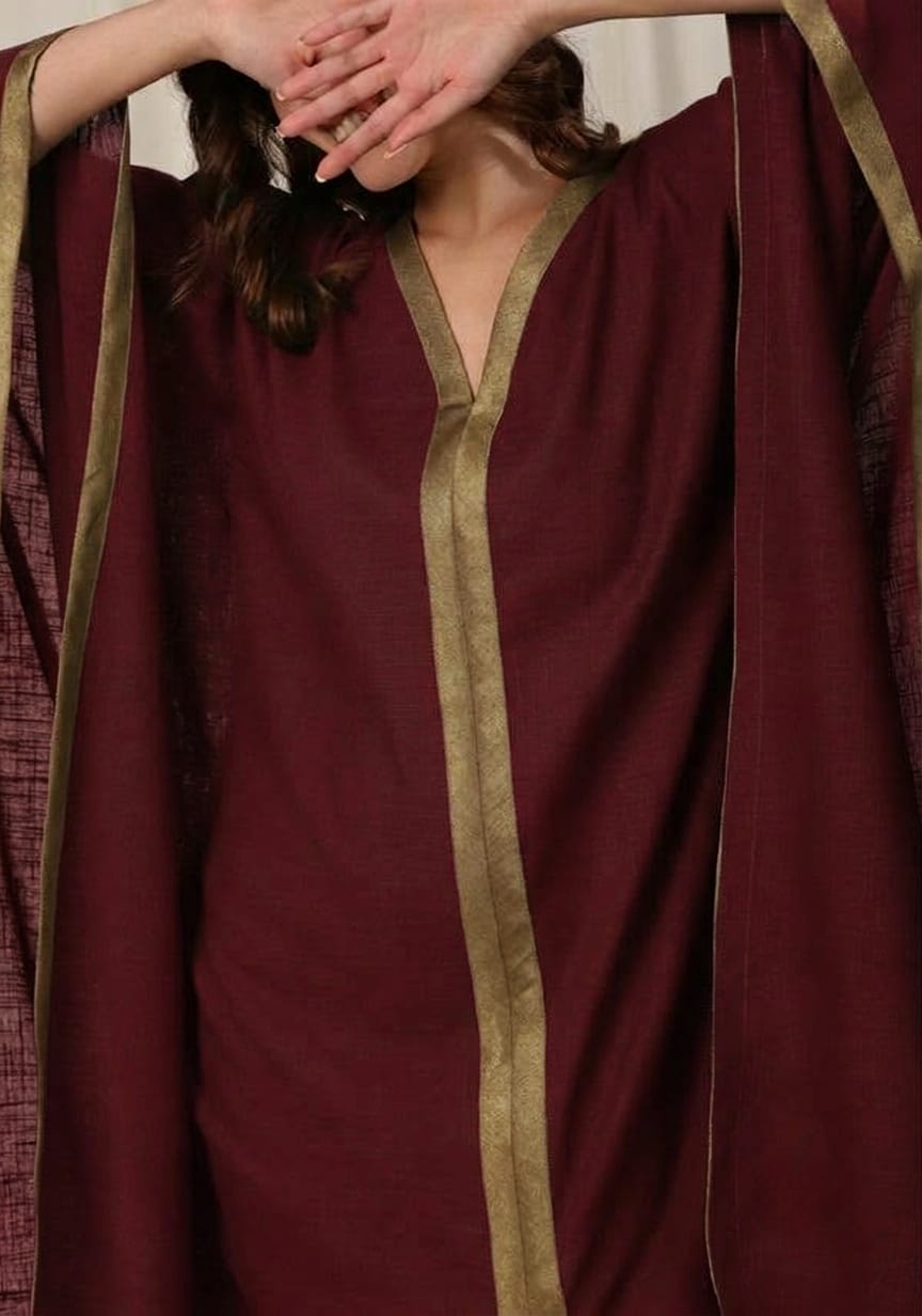 Flowy Maroon Cotton Kaftan with Contrast Bronze Tissue Trimmings