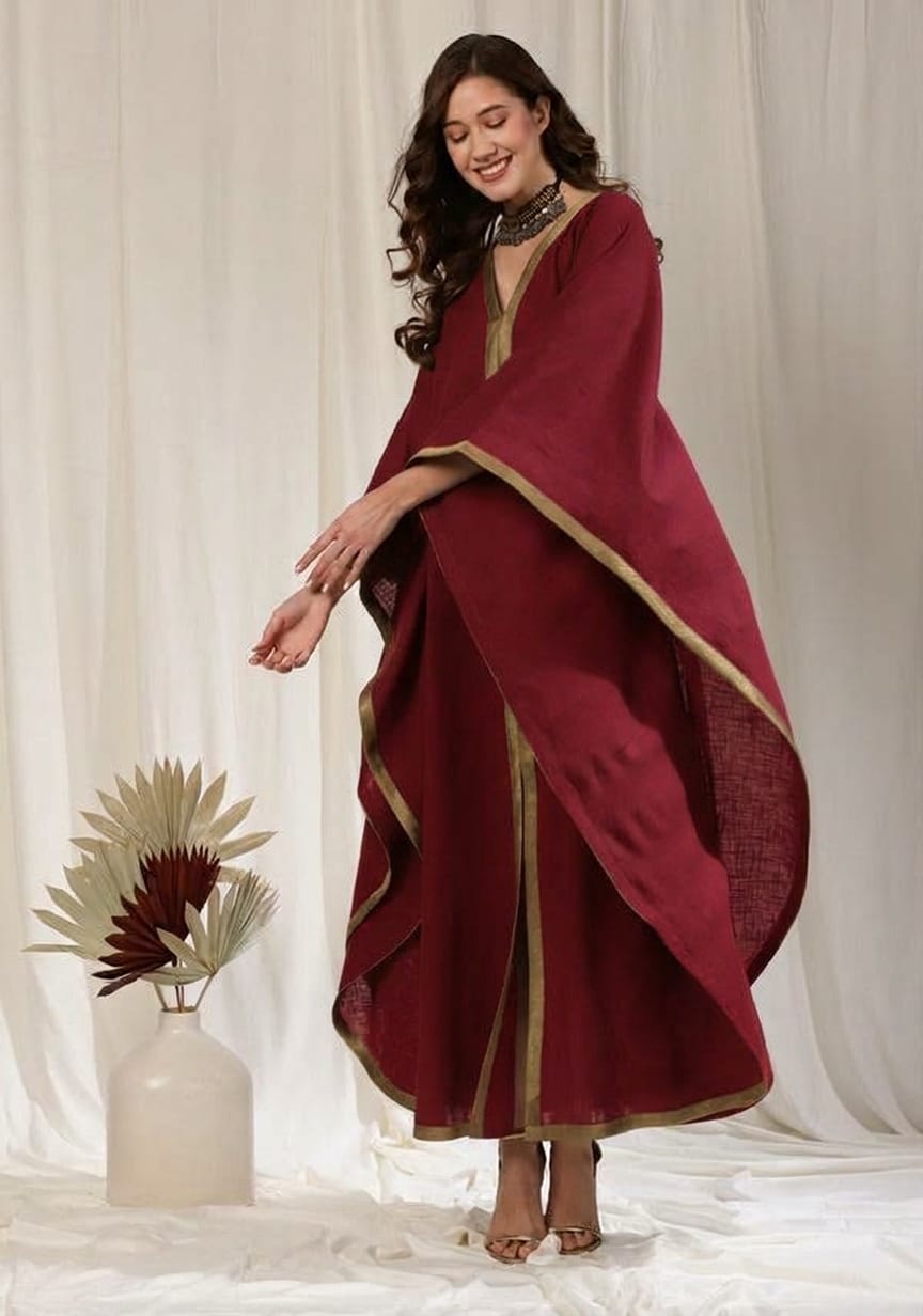Flowy Maroon Cotton Kaftan with Contrast Bronze Tissue Trimmings