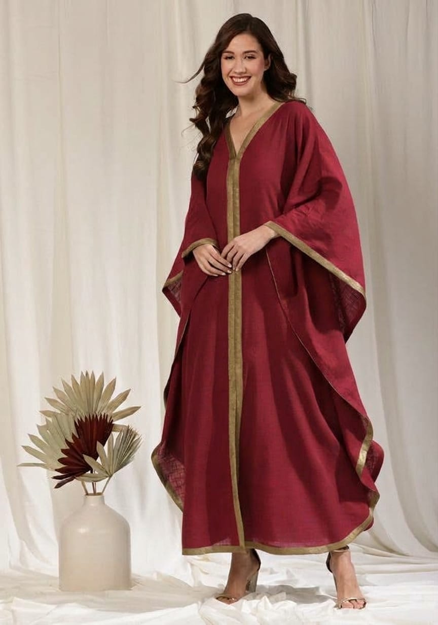 Flowy Maroon Cotton Kaftan with Contrast Bronze Tissue Trimmings