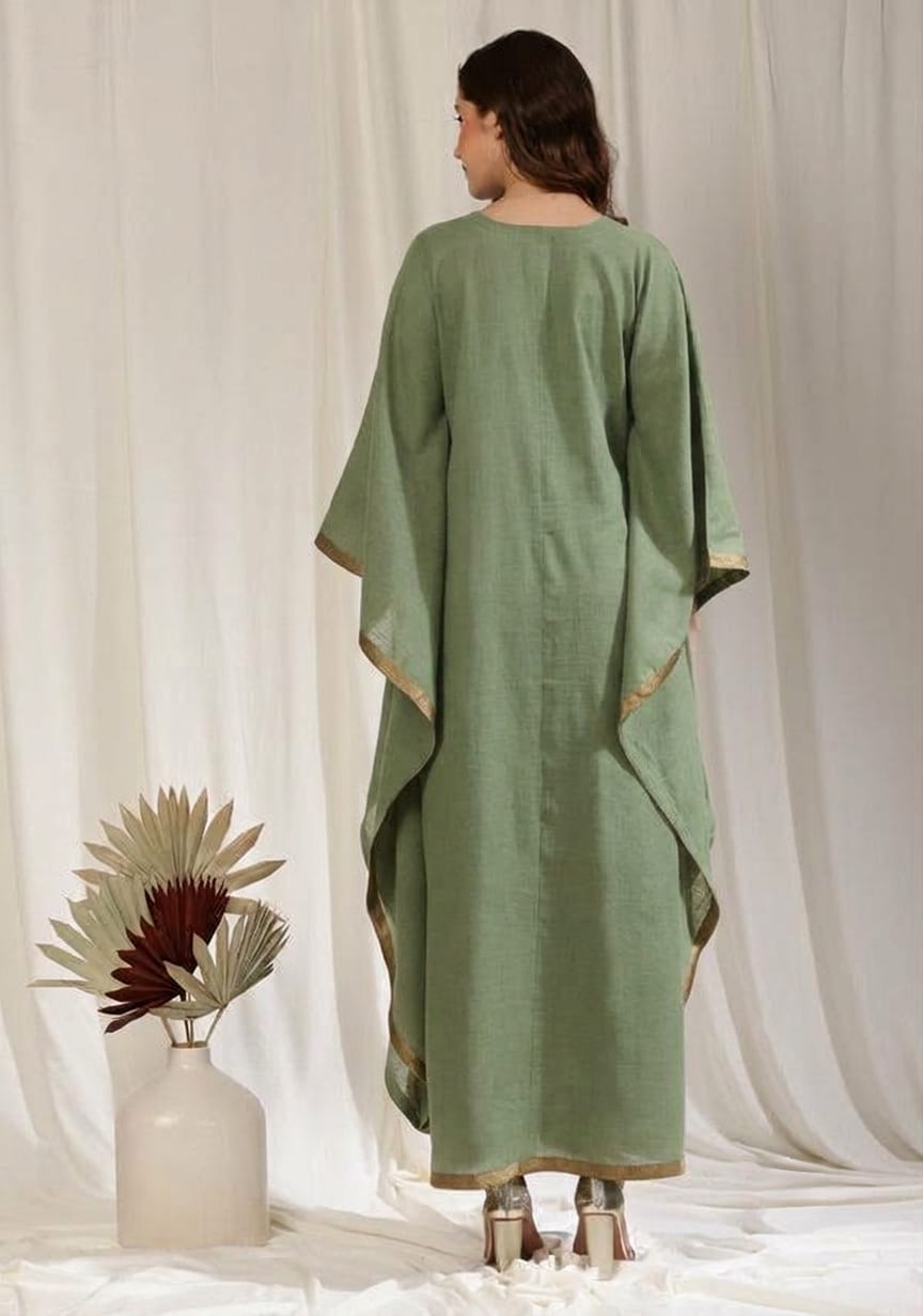 Flowy Military Green Cotton Kaftan with Contrast Bronze Tissue Trimmings