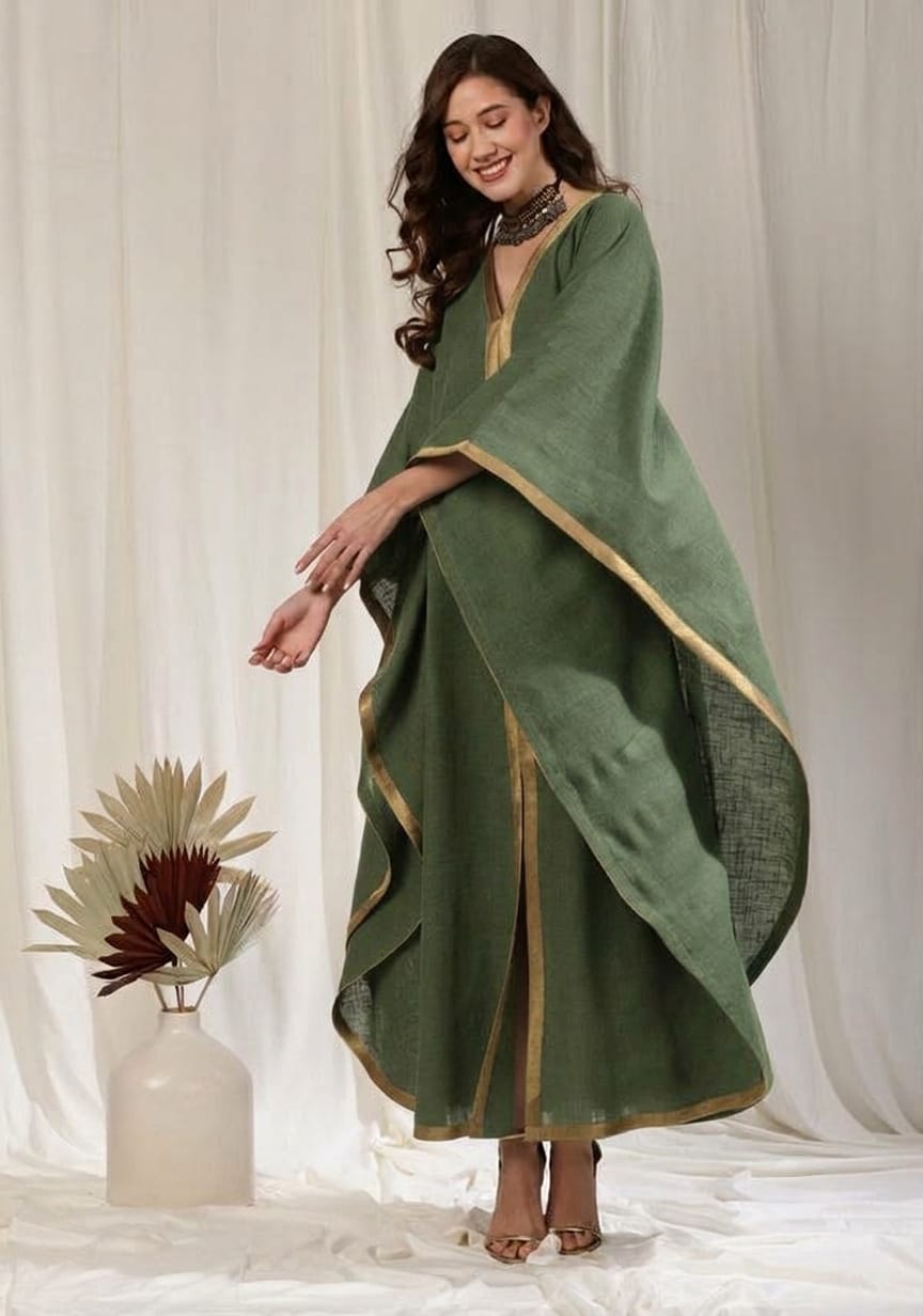 Flowy Military Green Cotton Kaftan with Contrast Bronze Tissue Trimmings