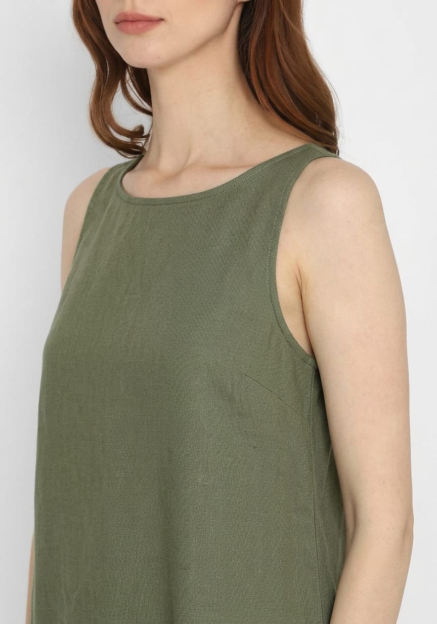 Military Green Sleeveless A-Line Long Cotton Dress