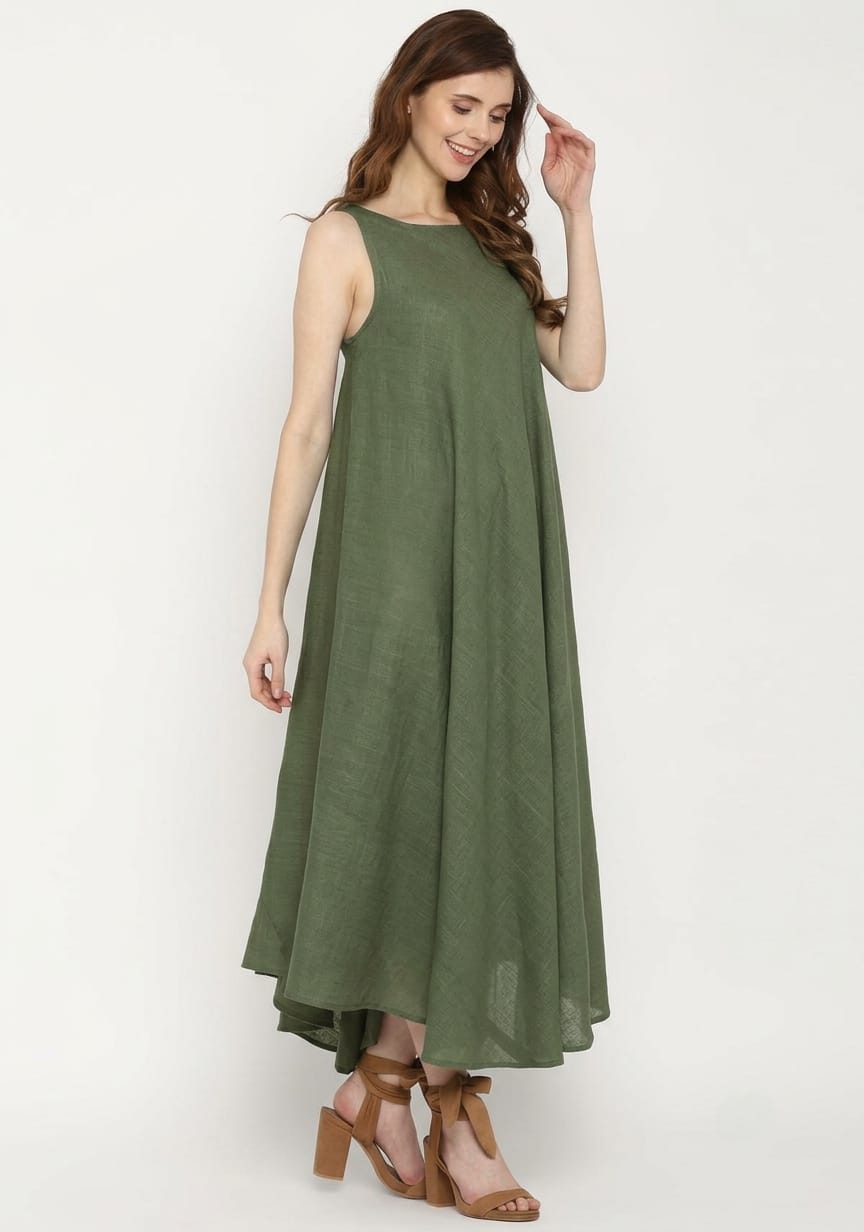 Military Green Sleeveless A-Line Long Cotton Dress