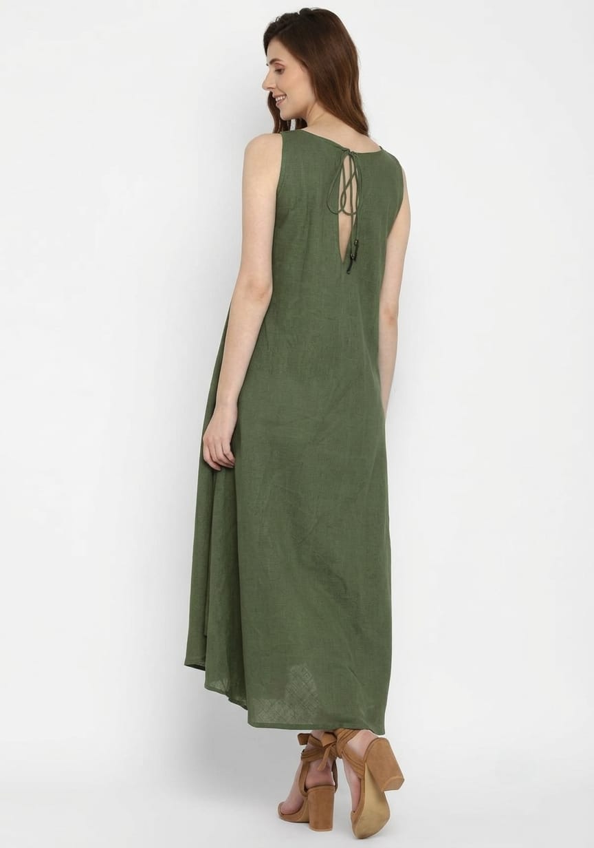 Military Green Sleeveless A-Line Long Cotton Dress