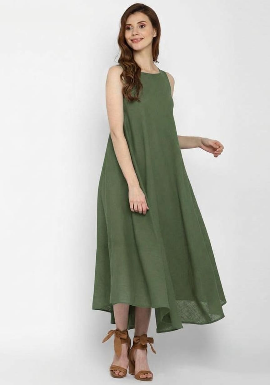 Military Green Sleeveless A-Line Long Cotton Dress