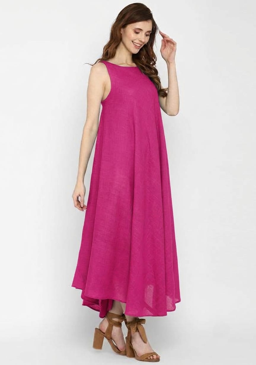 Fuchsia Pink Sleeveless A-Line Long Cotton Dress