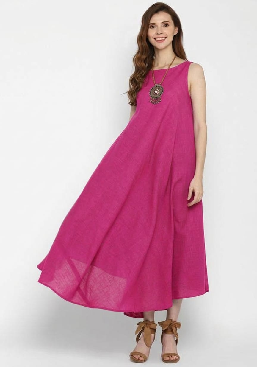 Fuchsia Pink Sleeveless A-Line Long Cotton Dress