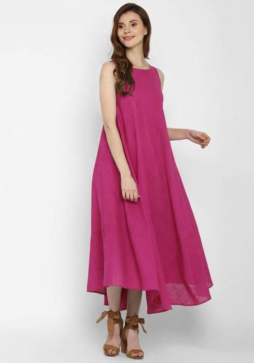Fuchsia Pink Sleeveless A-Line Long Cotton Dress