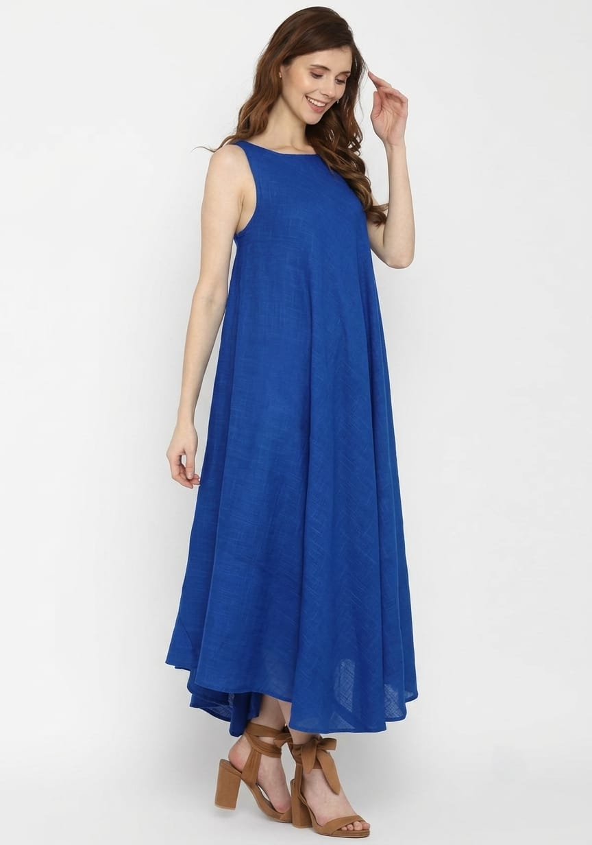 Royal Blue Sleeveless A-Line Long Cotton Dress