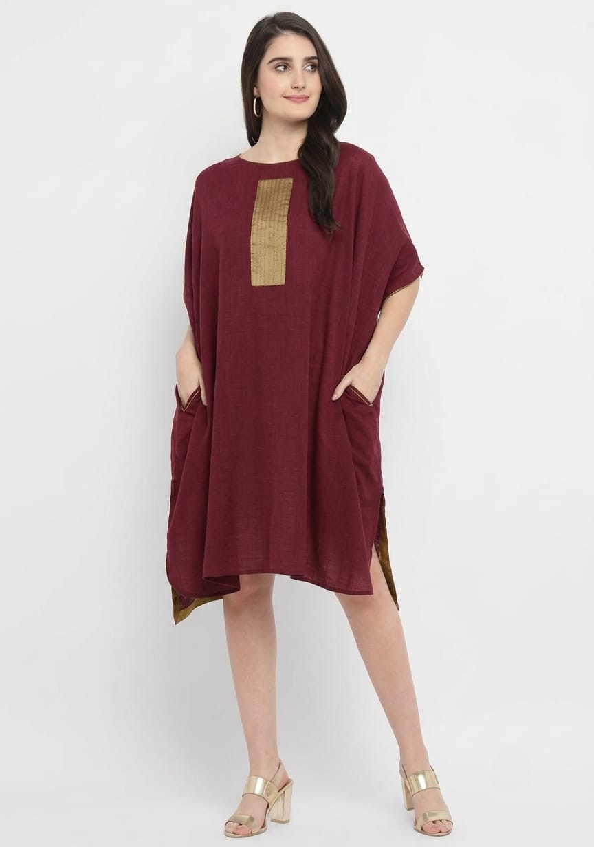Maroon Cotton Block Dress with Gold Embellishments
