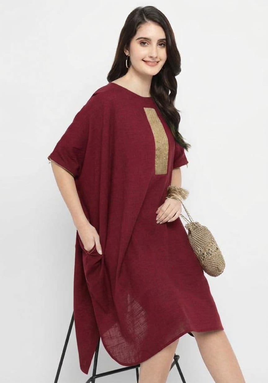 Maroon Cotton Block Dress with Gold Embellishments