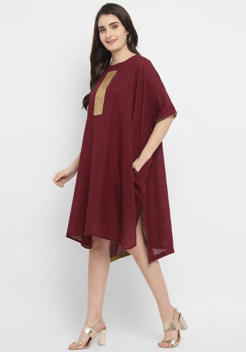Maroon Cotton Block Dress with Gold Embellishments