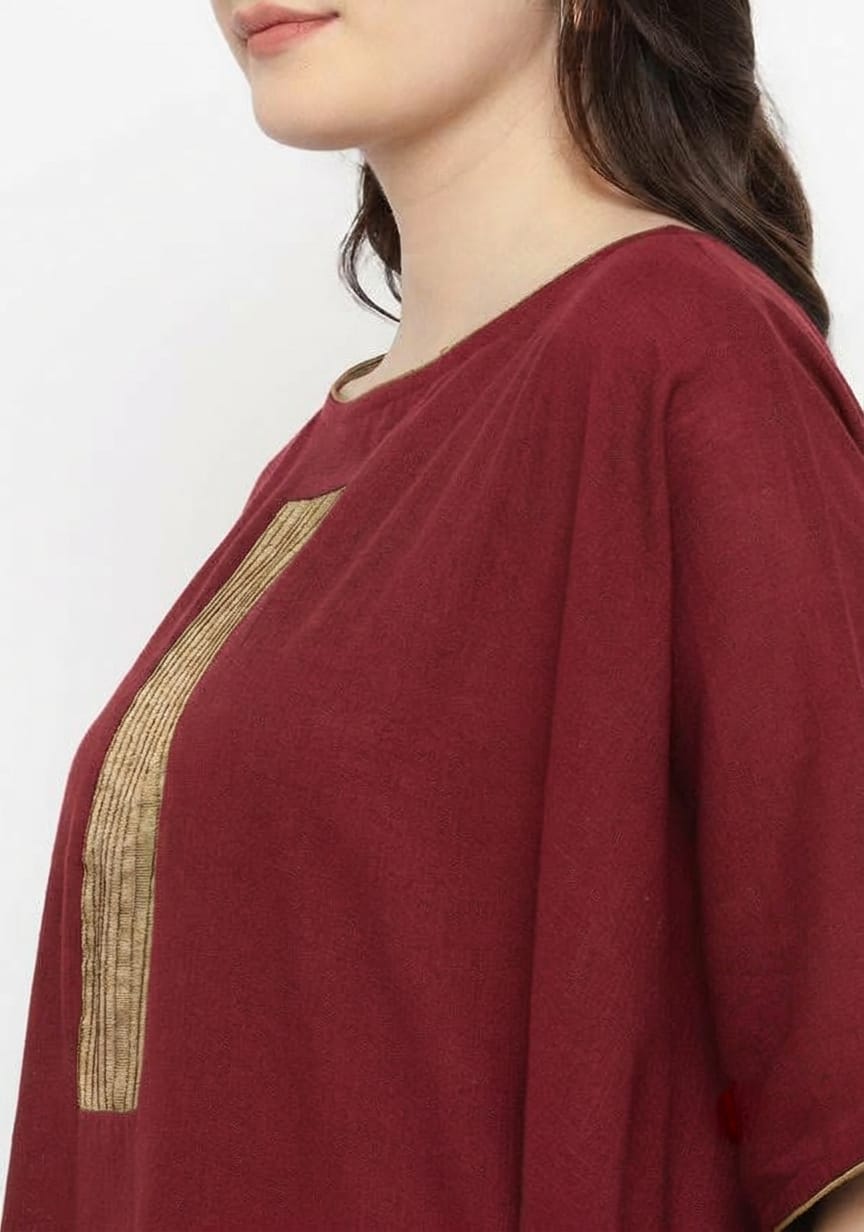 Maroon Cotton Block Dress with Gold Embellishments