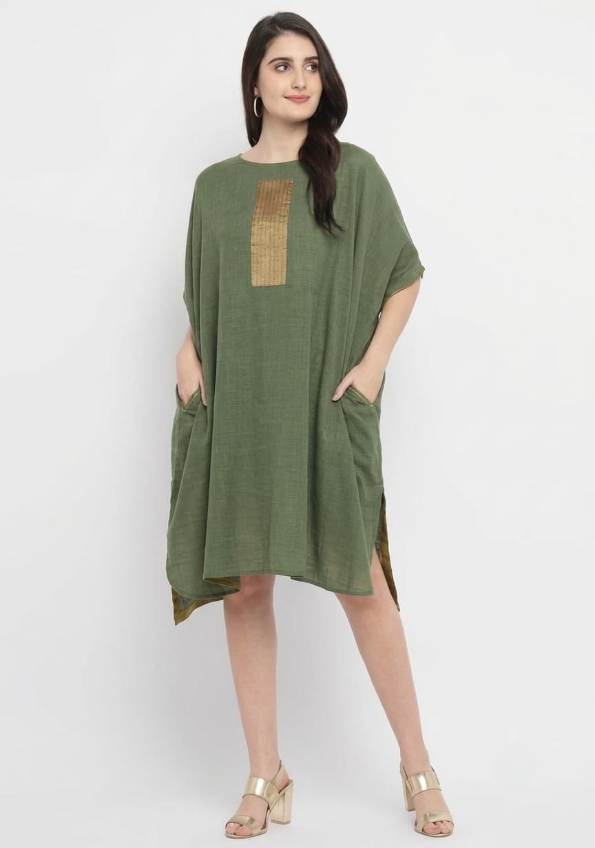 Military Green Cotton Block Dress with Gold Embellishments