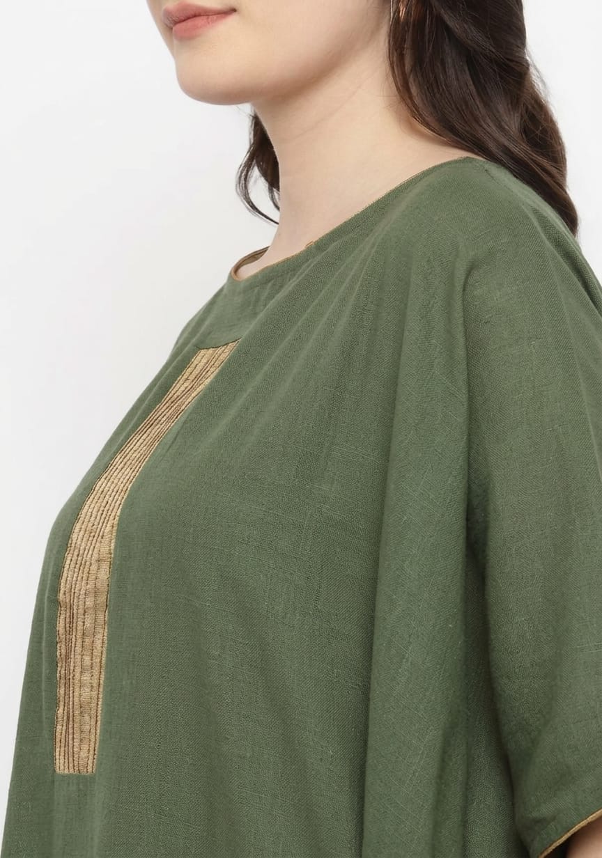 Military Green Cotton Block Dress with Gold Embellishments