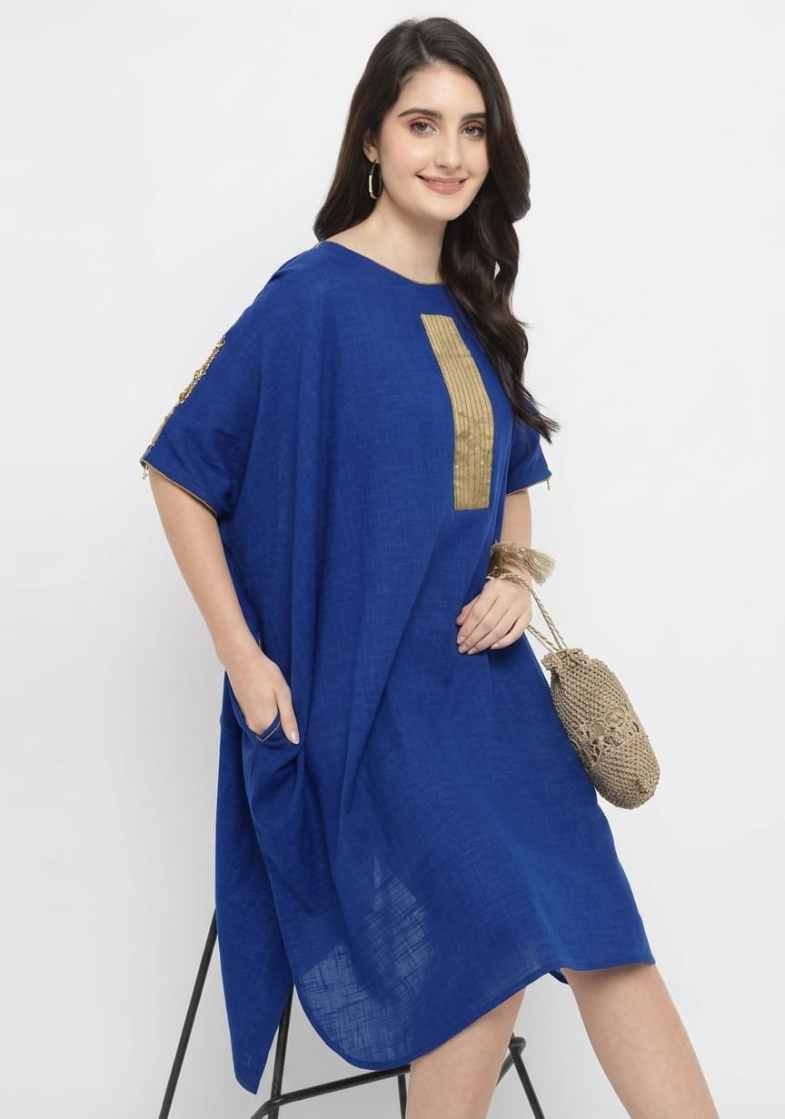 Royal Blue Cotton Block Dress with Gold Embellishments