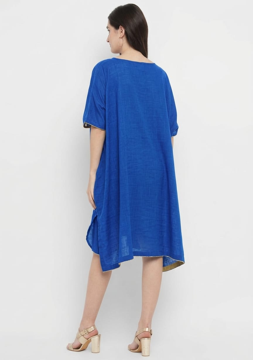 Royal Blue Cotton Block Dress with Gold Embellishments