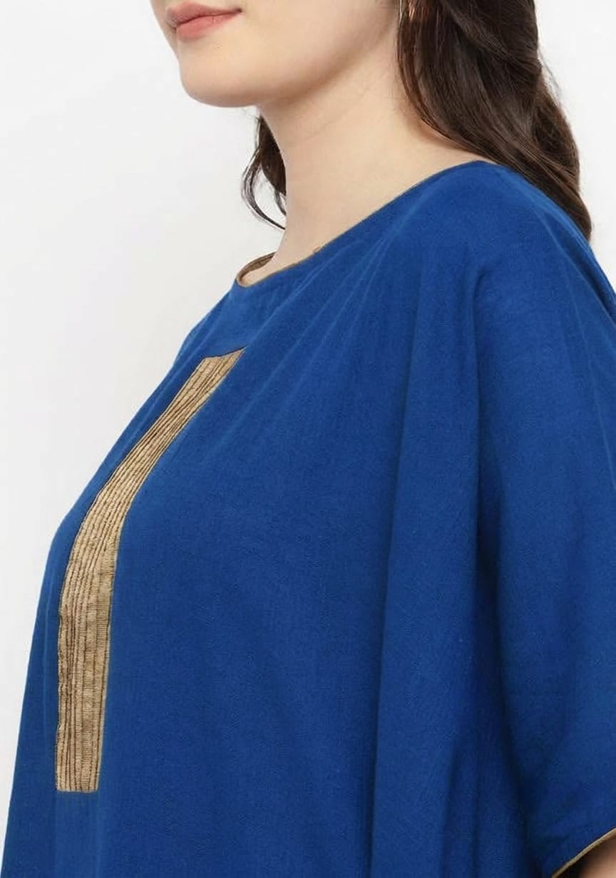 Royal Blue Cotton Block Dress with Gold Embellishments