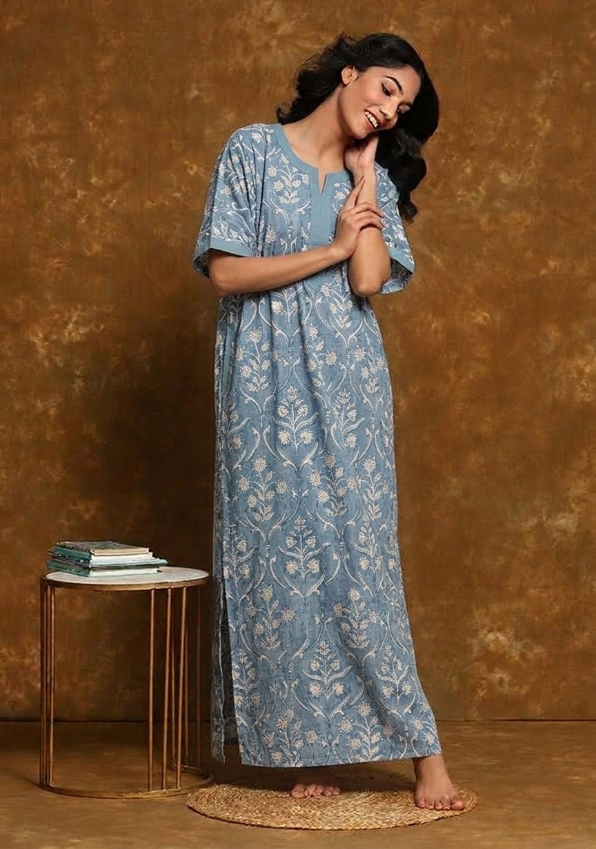 Blue White Mughal  Hand Block Printed Nighty Kaftan with Stitch Lines