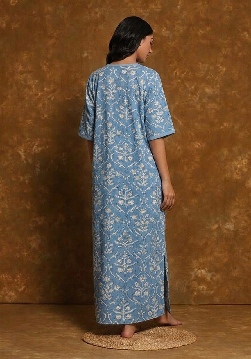 Blue White Mughal  Hand Block Printed Nighty Kaftan with Stitch Lines
