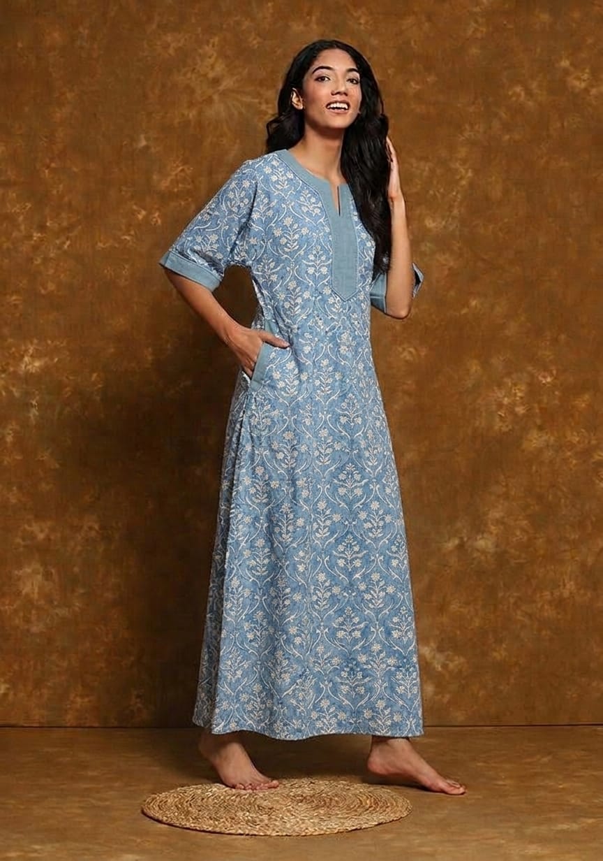 Blue White Mughal  Hand Block Printed Nighty Kaftan with Stitch Lines
