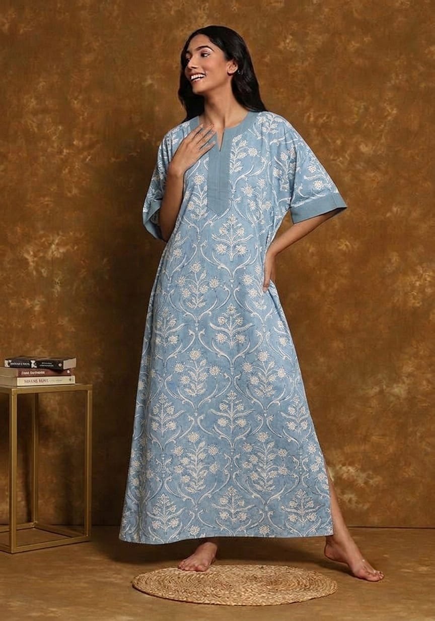 Blue White Mughal  Hand Block Printed Nighty Kaftan with Stitch Lines