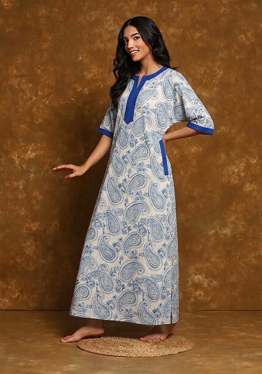 White Blue Paisley Motif Hand Block Printed Nighty Kaftan with Stitch Lines