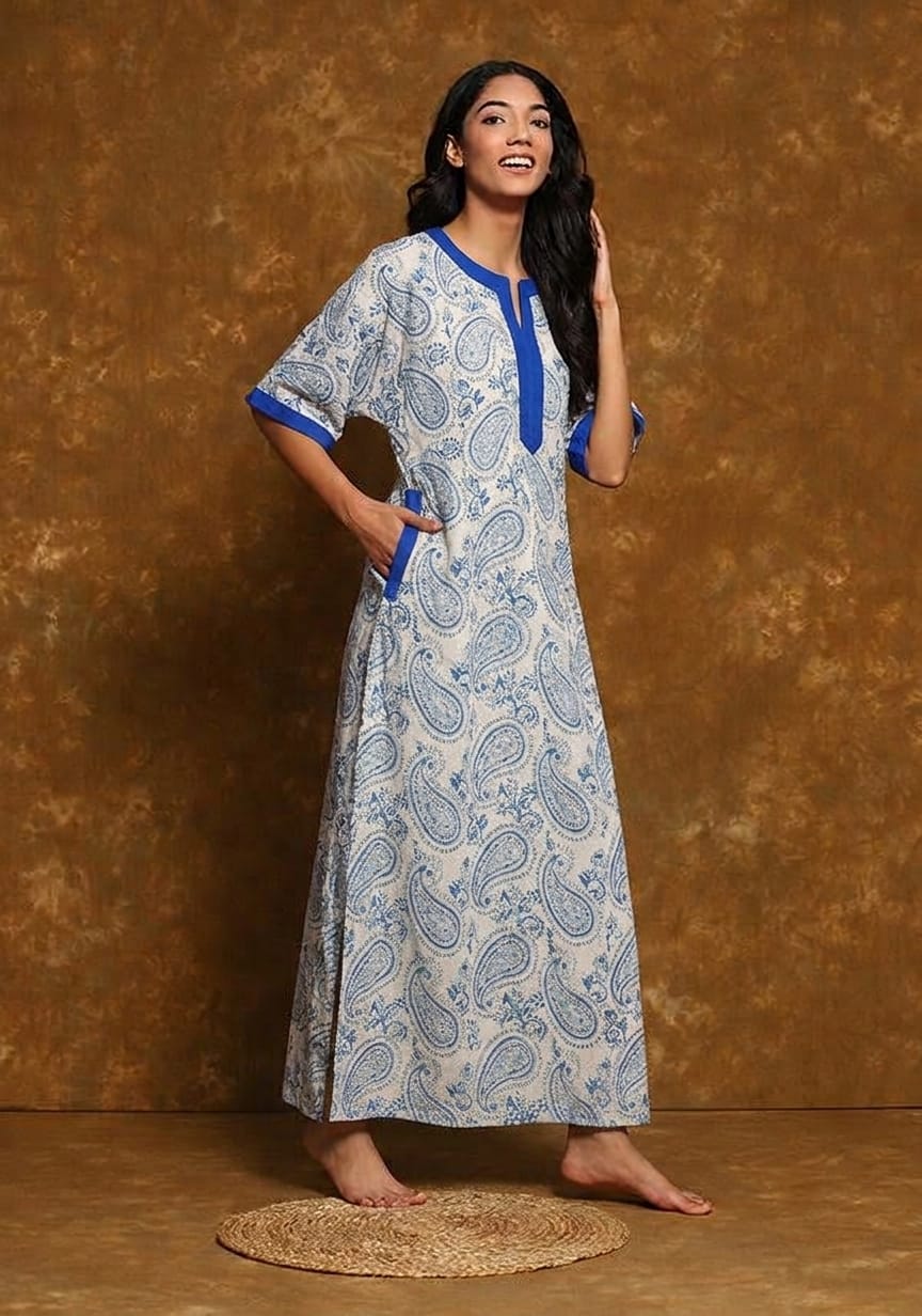 White Blue Paisley Motif Hand Block Printed Nighty Kaftan with Stitch Lines