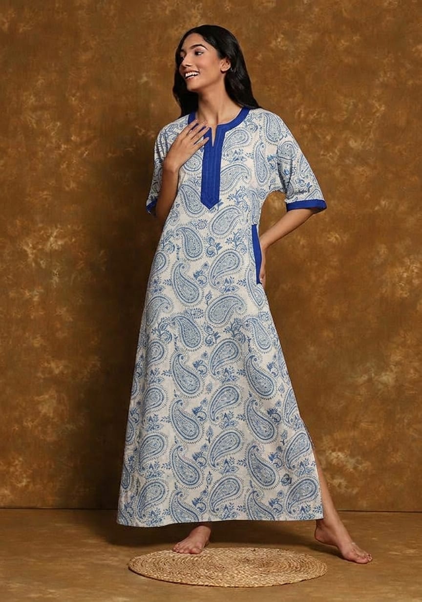 White Blue Paisley Motif Hand Block Printed Nighty Kaftan with Stitch Lines
