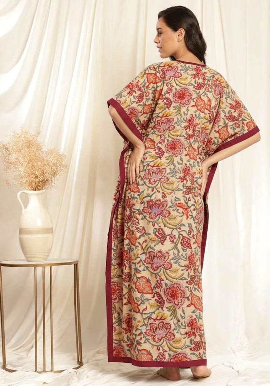 Mustard Red Floral Printed Tie-Up Waist Cotton Kaftan