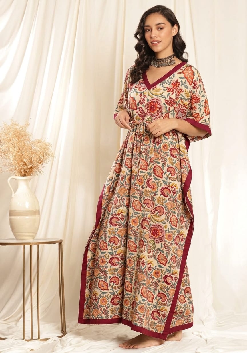 Mustard Red Floral Printed Tie-Up Waist Cotton Kaftan