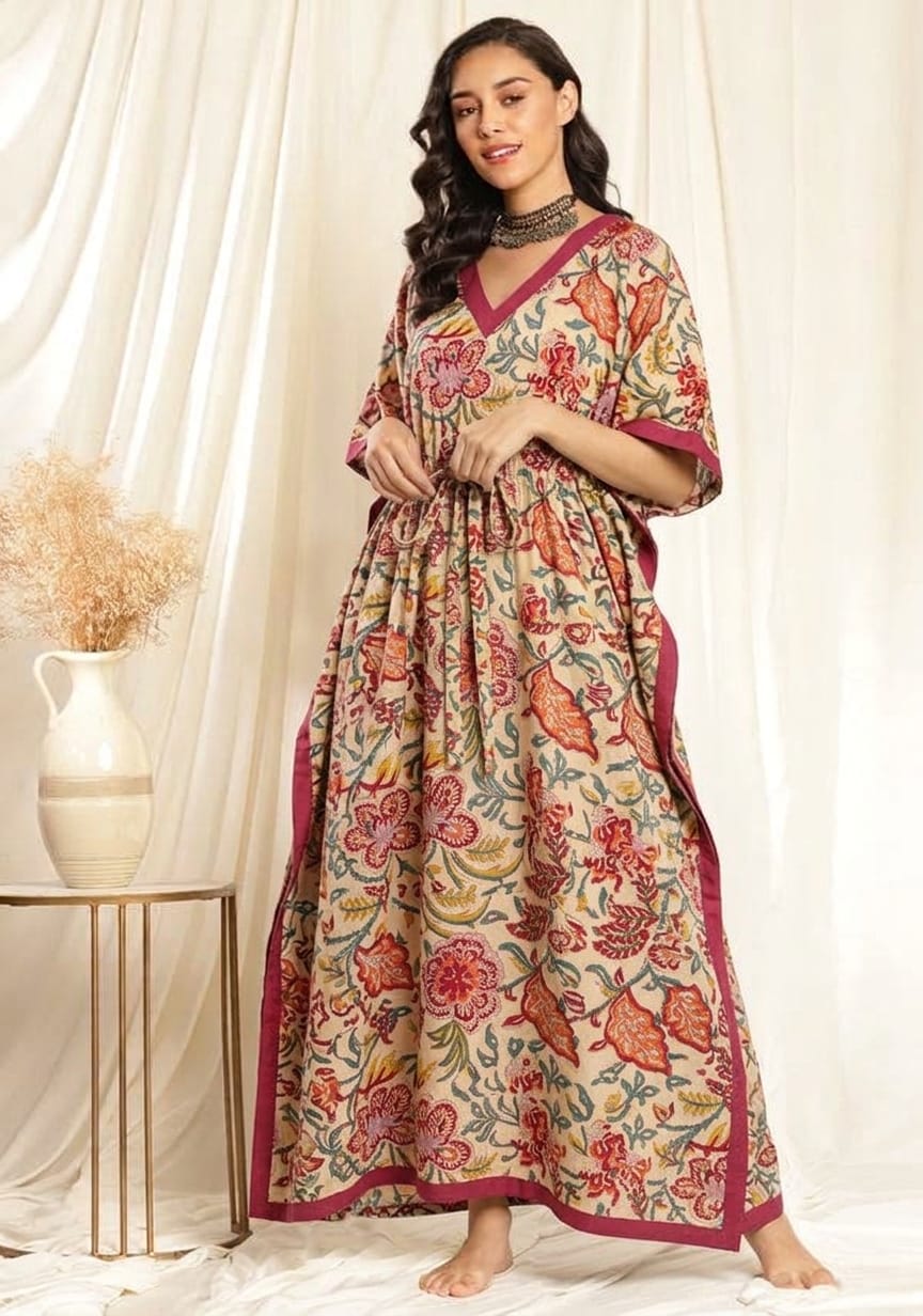 Mustard Red Floral Printed Tie-Up Waist Cotton Kaftan