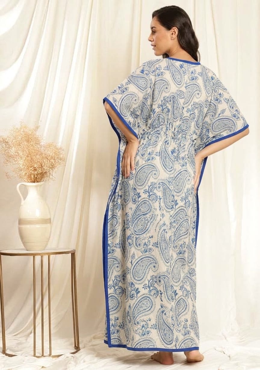 White Blue Paisley Floral Printed Tie-Up Waist Cotton Kaftan