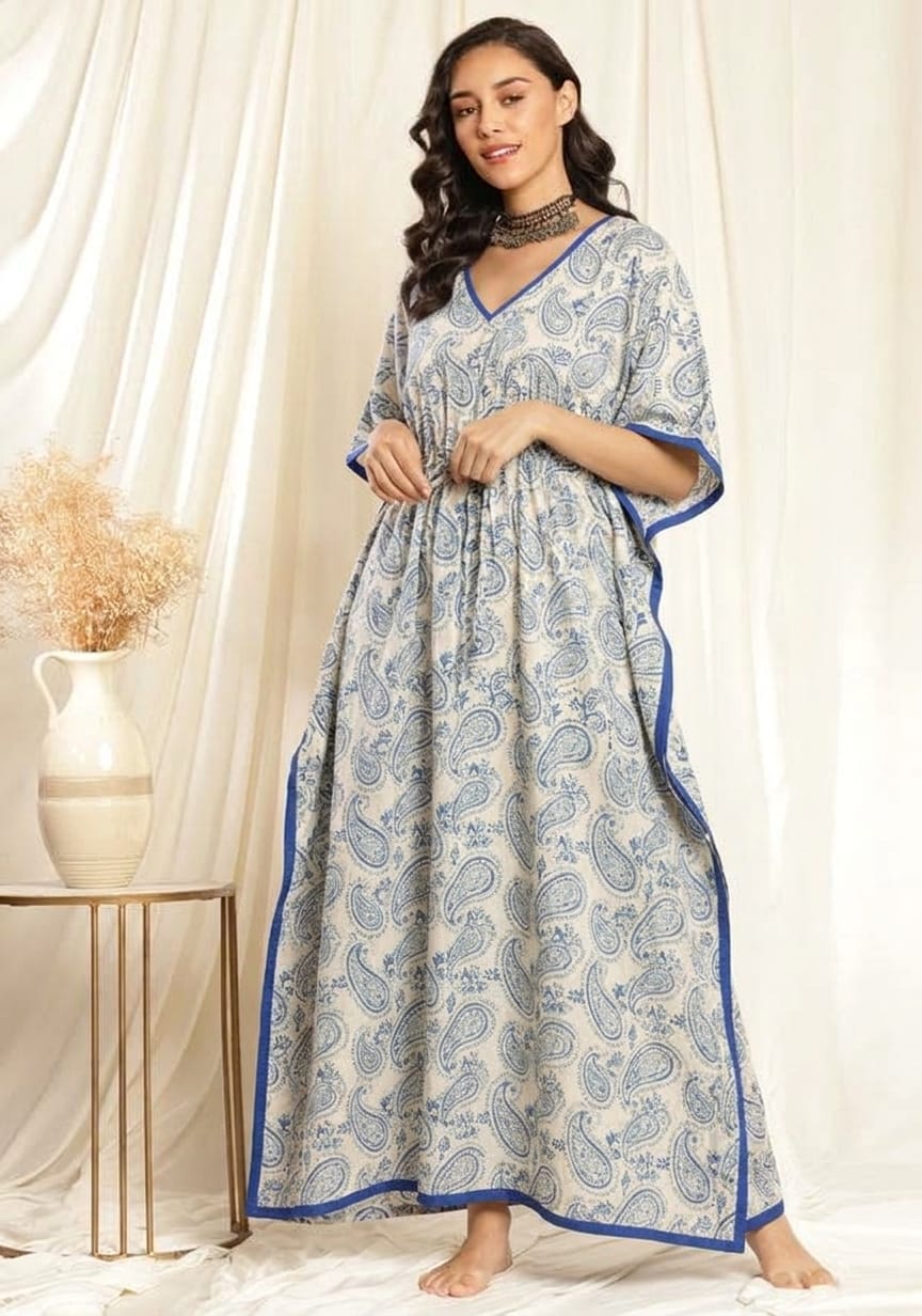 White Blue Paisley Floral Printed Tie-Up Waist Cotton Kaftan